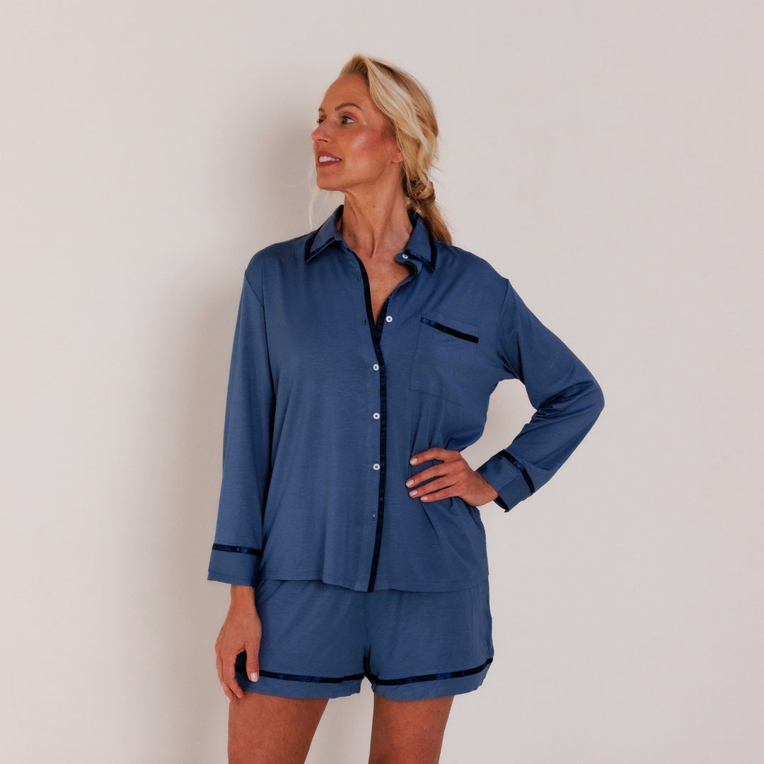 TENCEL™ Pyjama Set Shirt & Short Dames Donker Blauw